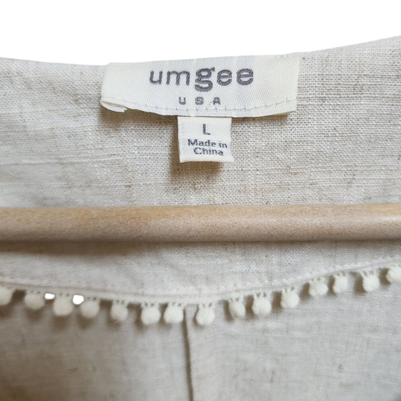Umgee Top Womens Sz L Beige Linen Blend Split Bat Wing V Neck Pleat Boho Casual - Picture 8 of 9